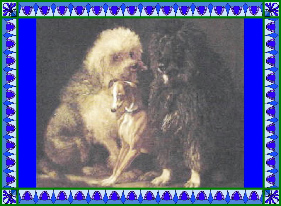 old panting of ig with two shaggy dogs
